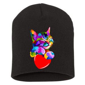 Colorful Cat Full Of Love Kitten Lovers  Short Acrylic Beanie