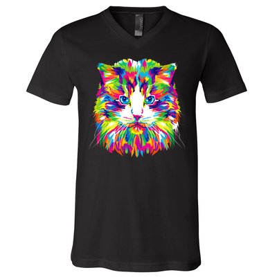 Colorful Cat Pattern V-Neck T-Shirt