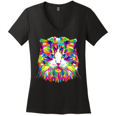 Colorful Cat Pattern Women's V-Neck T-Shirt