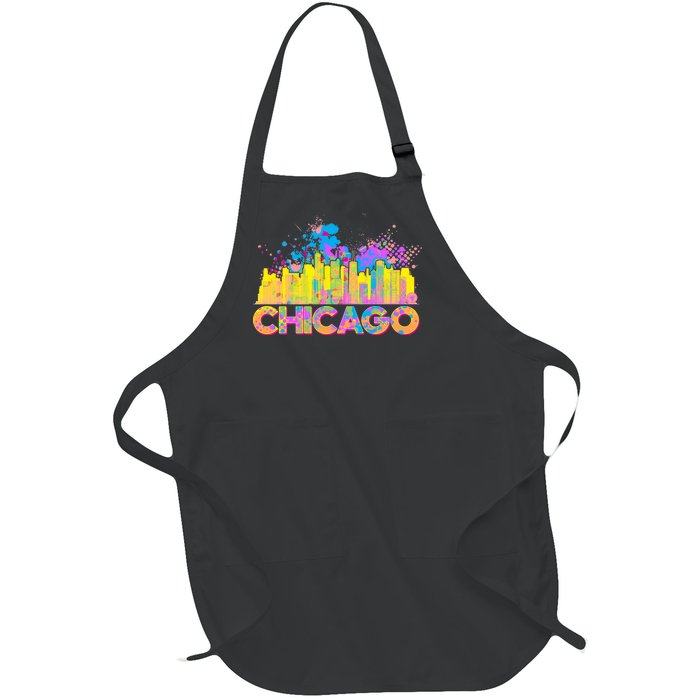 Colorful Chicago Skyline Paint Full-Length Apron With Pockets