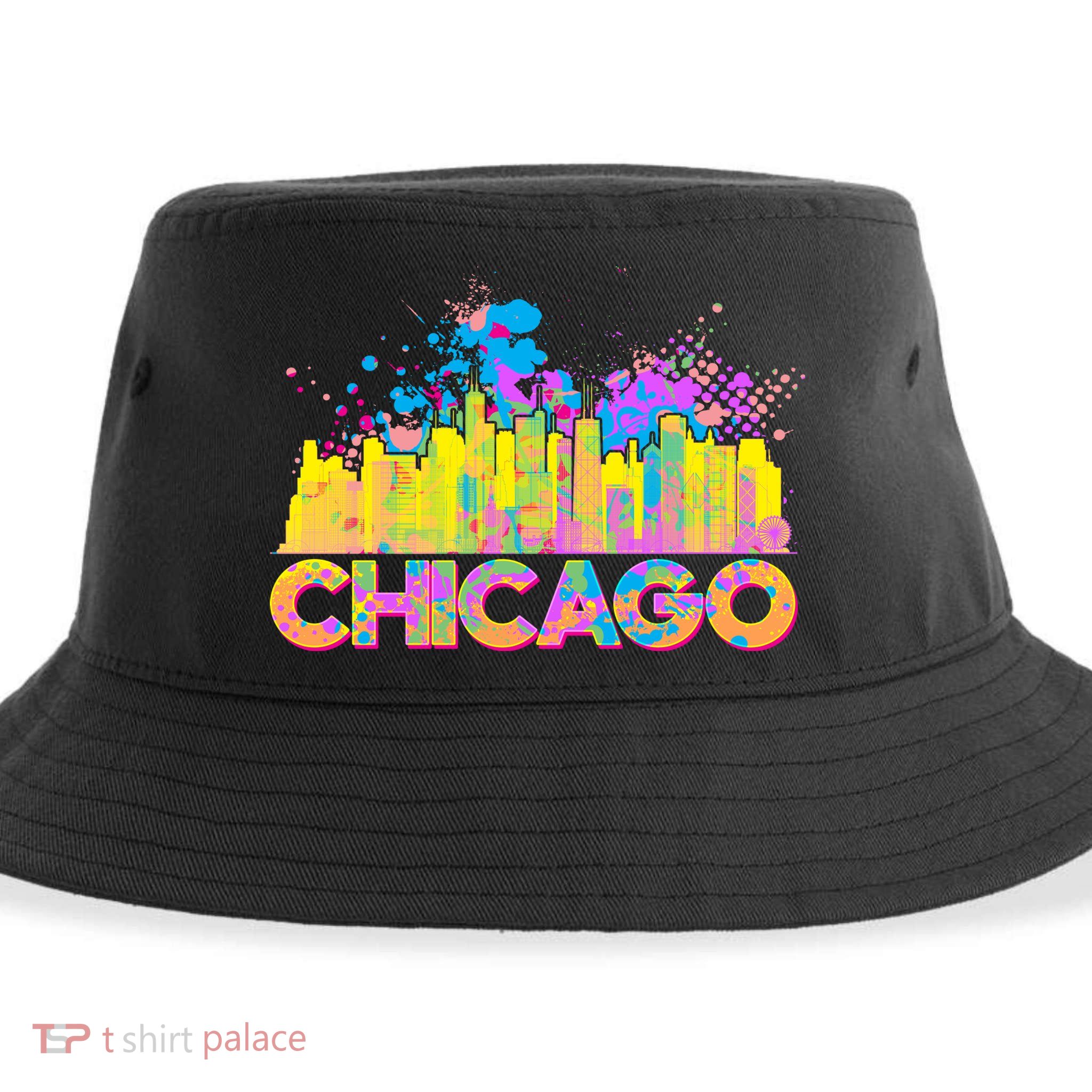 Colorful Chicago Skyline Paint Sustainable Bucket Hat