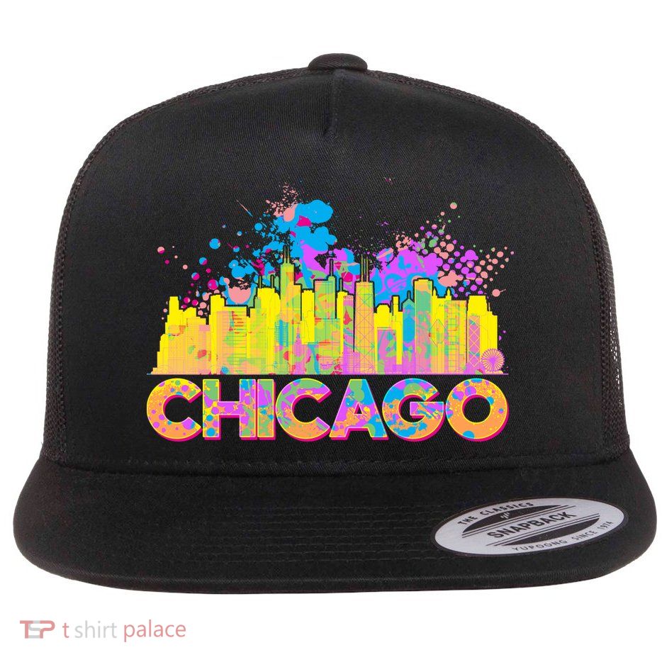 Colorful Chicago Skyline Paint Flat Bill Trucker Hat