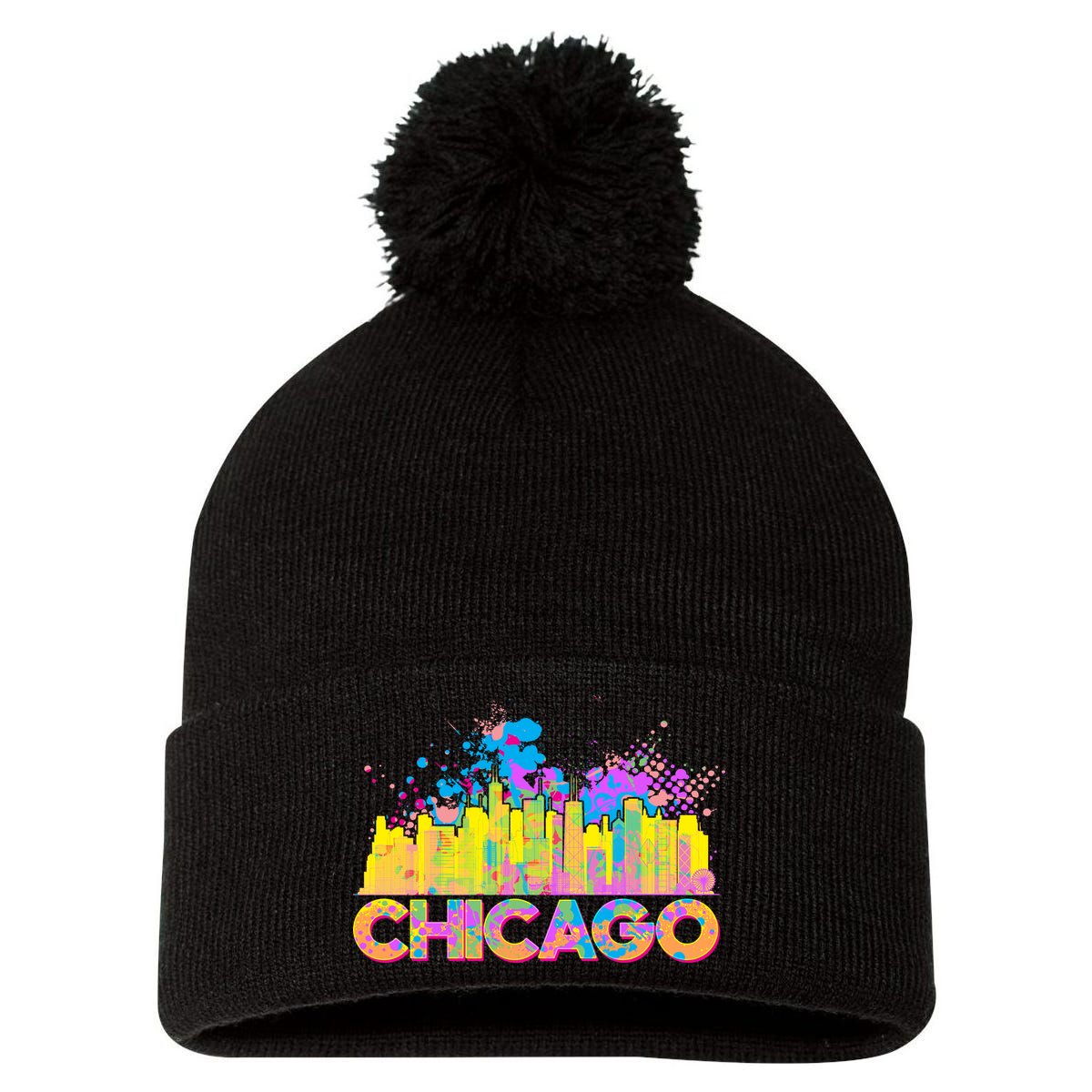 Colorful Chicago Skyline Paint Pom Pom 12in Knit Beanie