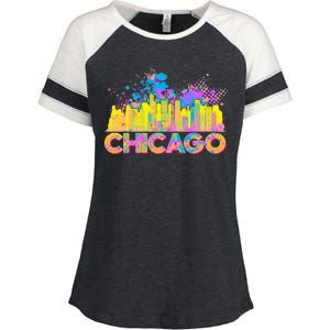 Colorful Chicago Skyline Paint Enza Ladies Jersey Colorblock Tee