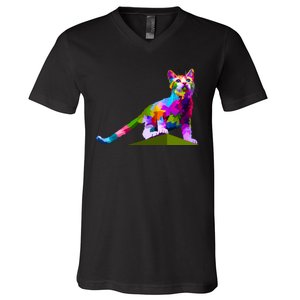 Colorful Curious Kitten V-Neck T-Shirt