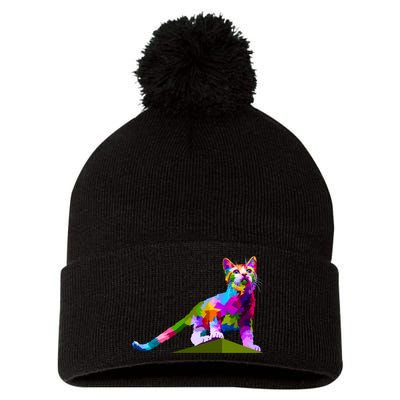 Colorful Curious Kitten Pom Pom 12in Knit Beanie