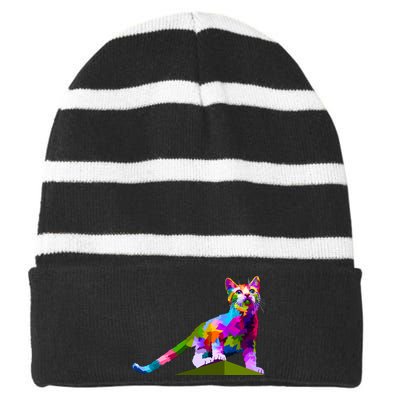 Colorful Curious Kitten Striped Beanie with Solid Band