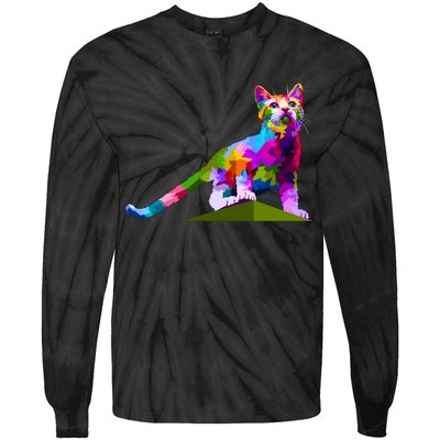 Colorful Curious Kitten Tie-Dye Long Sleeve Shirt