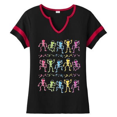 Colorful Dancing Skeletons Headphones Ladies Halftime Notch Neck Tee