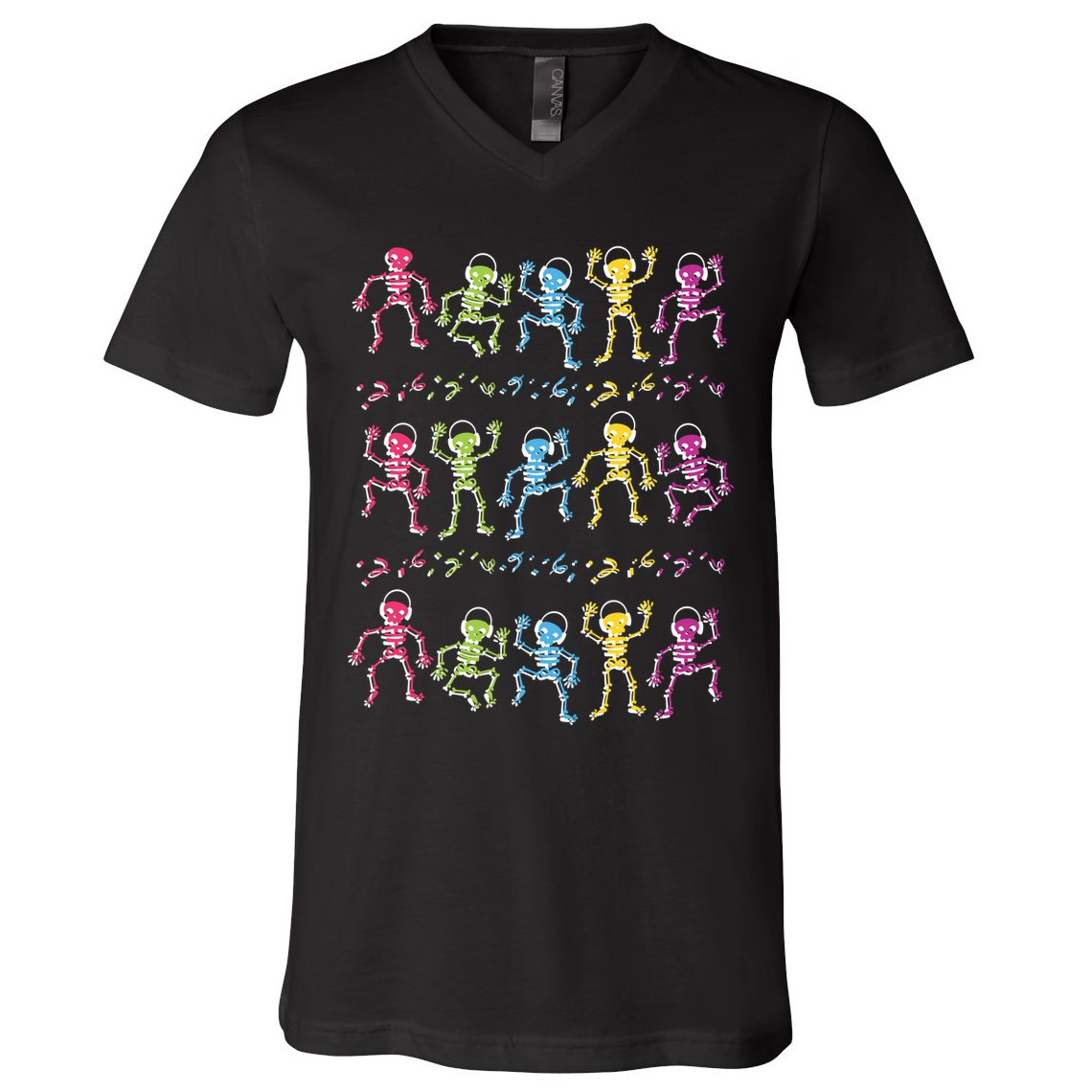 Colorful Dancing Skeletons Headphones V-Neck T-Shirt
