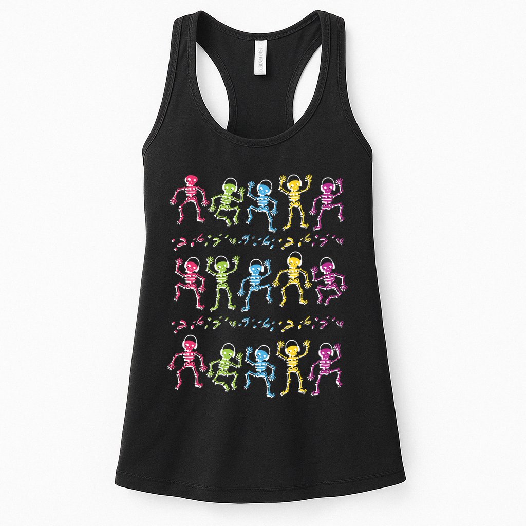 Colorful Dancing Skeletons Headphones Womens Tank Top