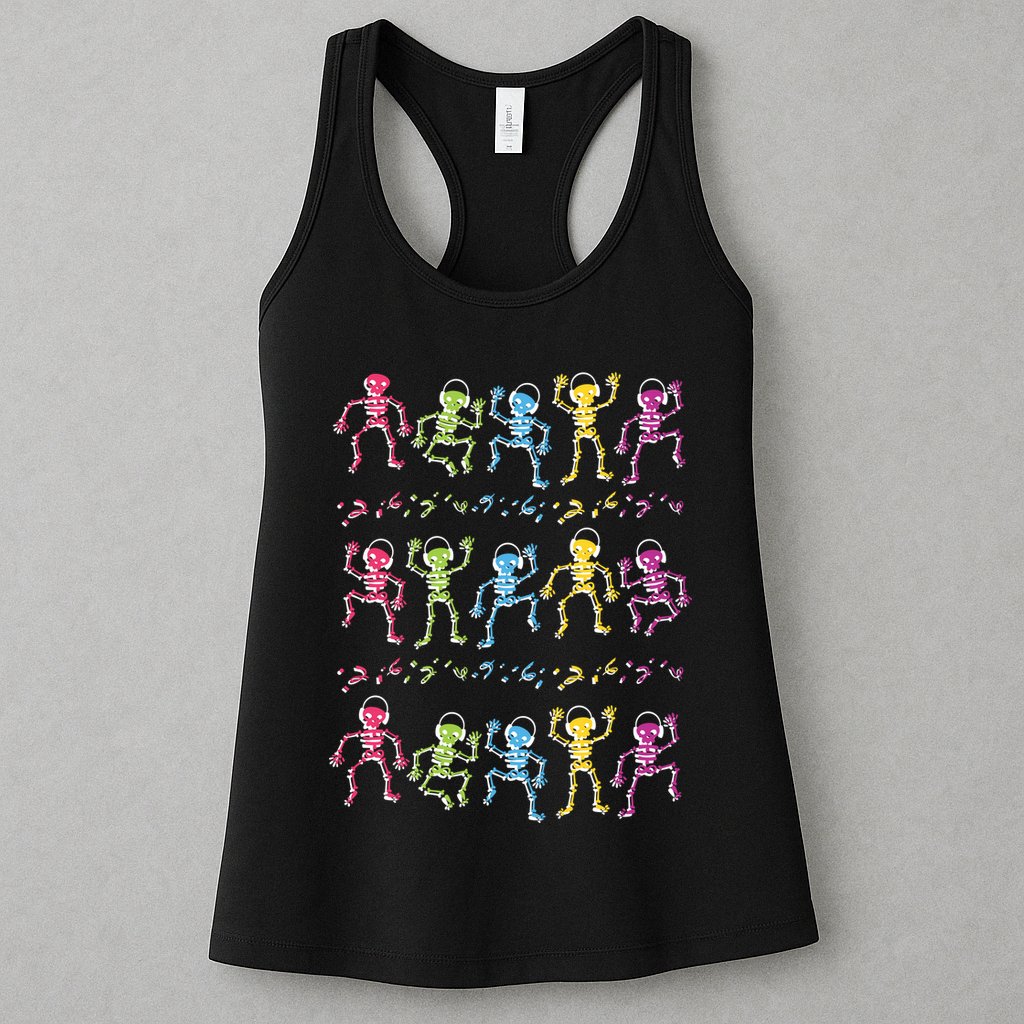 Colorful Dancing Skeletons Headphones Womens Tank Top