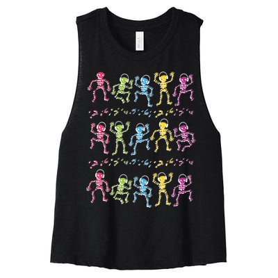 Colorful Dancing Skeletons Headphones Women's Racerback Cropped Tank