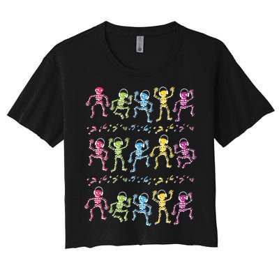 Colorful Dancing Skeletons Headphones Women's Crop Top Tee