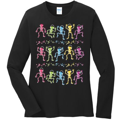 Colorful Dancing Skeletons Headphones Ladies Long Sleeve Shirt