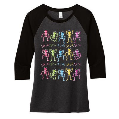 Colorful Dancing Skeletons Headphones Women's Tri-Blend 3/4-Sleeve Raglan Shirt