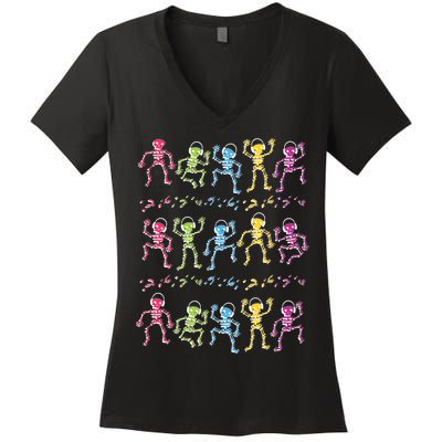 Colorful Dancing Skeletons Headphones Women's V-Neck T-Shirt