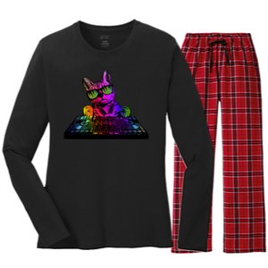 Colorful DJ Cat Women's Long Sleeve Flannel Pajama Set 