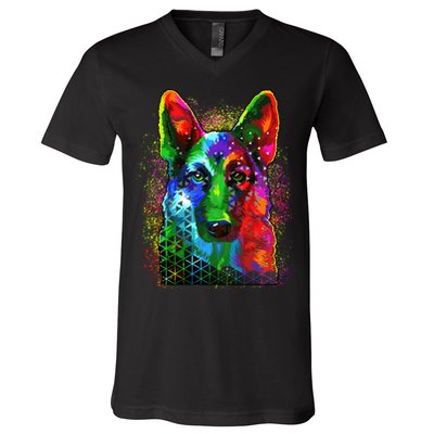 Colorful Dog German Shepard V-Neck T-Shirt