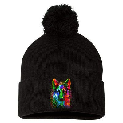 Colorful Dog German Shepard Pom Pom 12in Knit Beanie