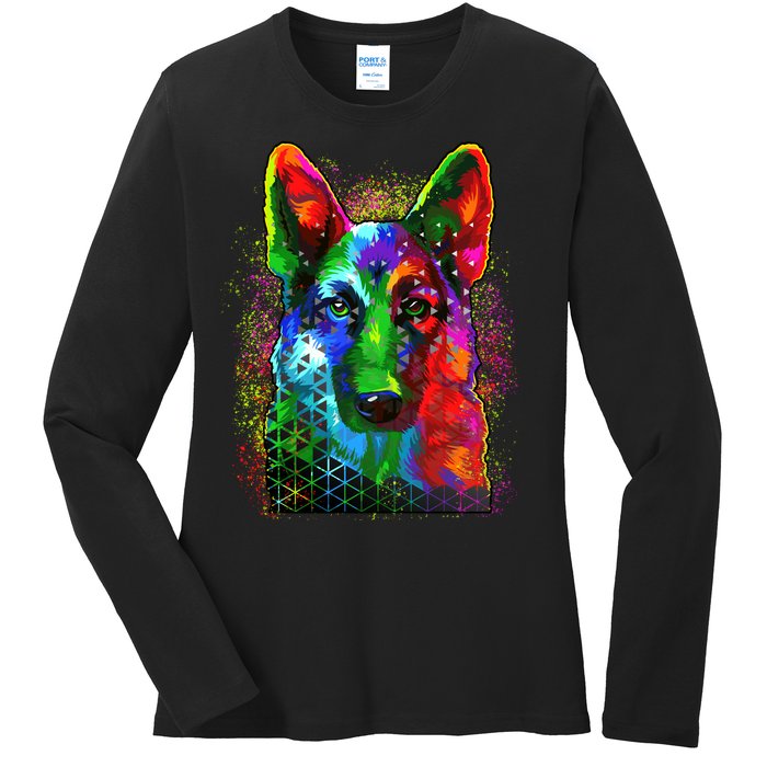 Colorful Dog German Shepard Ladies Long Sleeve Shirt