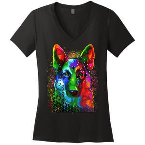 Colorful Dog German Shepard Women's V-Neck T-Shirt