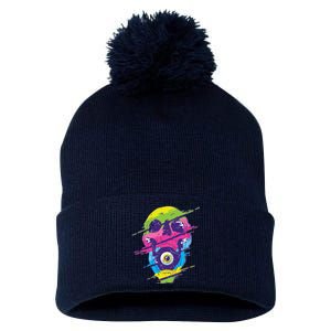 Colorful Eye Skull Pom Pom 12in Knit Beanie