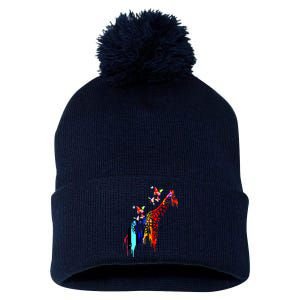 Colorful Giraffe Illustration Pom Pom 12in Knit Beanie