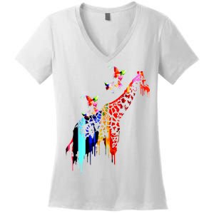 Colorful Giraffe Illustration Women's V-Neck T-Shirt