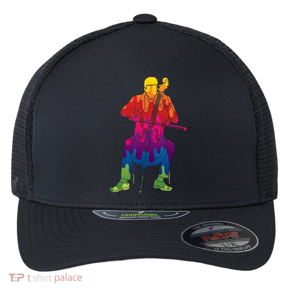 Colorful Guy Playing The Cello Flexfit Unipanel Trucker Cap