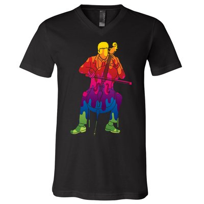 Colorful Guy Playing The Cello V-Neck T-Shirt