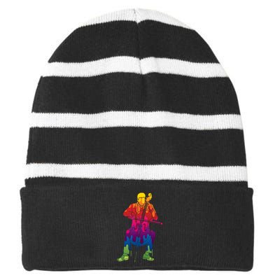 Colorful Guy Playing The Cello Striped Beanie with Solid Band