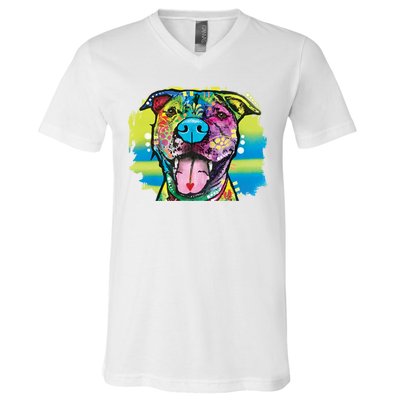 Colorful Happy Pitbull V-Neck T-Shirt