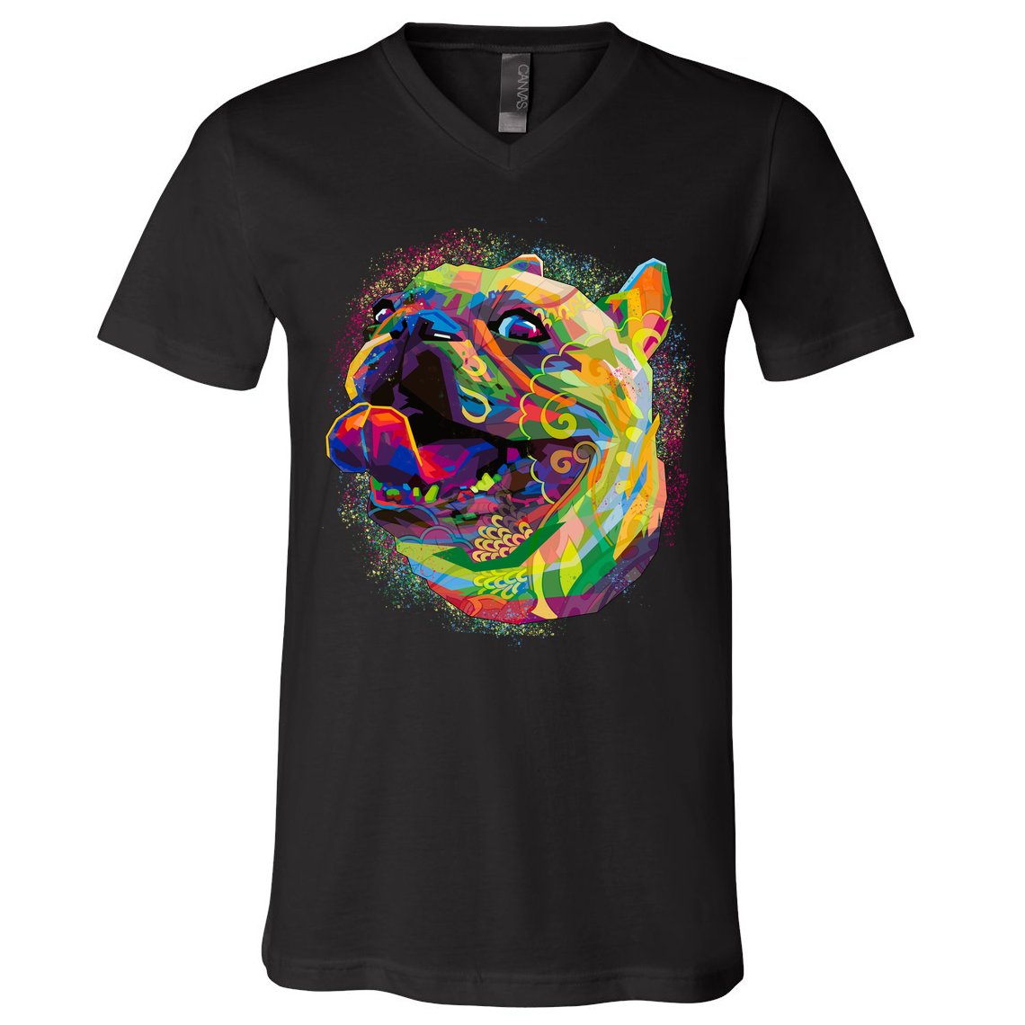 Colorful Happy Pug Smiling V-Neck T-Shirt