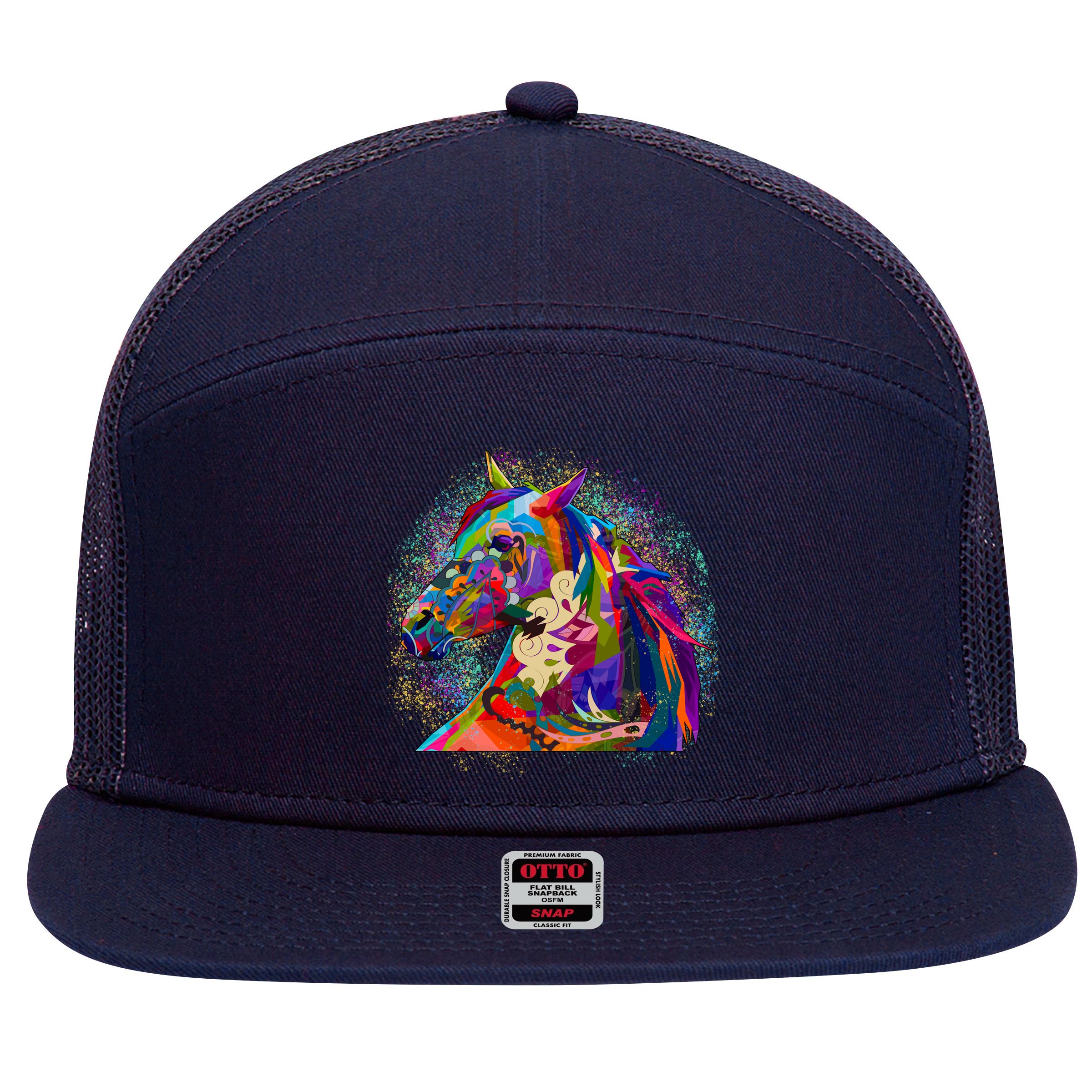 Colorful Horse Head Pattern 7 Panel Mesh Trucker Snapback Hat