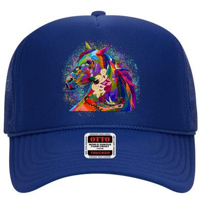 Colorful Horse Head Pattern High Crown Mesh Back Trucker Hat