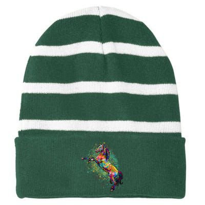 Colorful Horse Prancing Striped Beanie with Solid Band