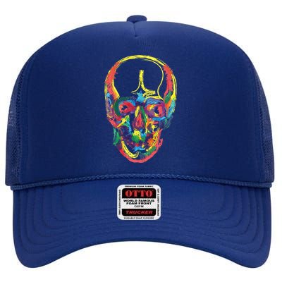 Colorful Human Splatter Skull High Crown Mesh Back Trucker Hat