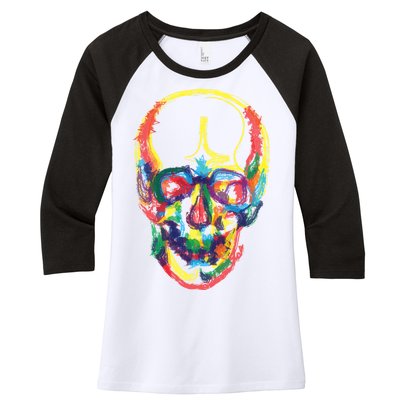 Colorful Human Splatter Skull Women's Tri-Blend 3/4-Sleeve Raglan Shirt