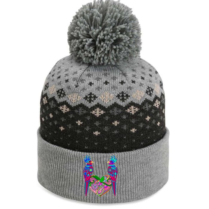 Colorful Jungle Birds Abstract Heart The Baniff Cuffed Pom Beanie