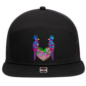 Colorful Jungle Birds Abstract Heart 7 Panel Mesh Trucker Snapback Hat