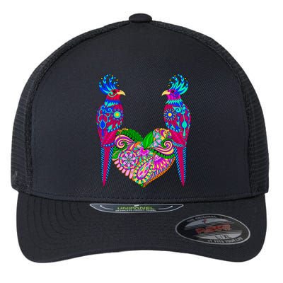 Colorful Jungle Birds Abstract Heart Flexfit Unipanel Trucker Cap