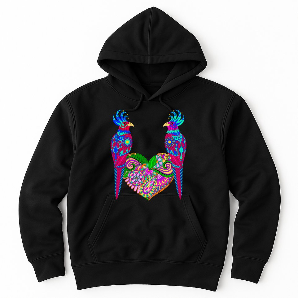 Colorful Jungle Birds Abstract Heart Hoodie