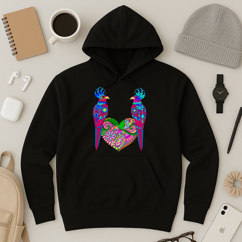 Colorful Jungle Birds Abstract Heart Hoodie