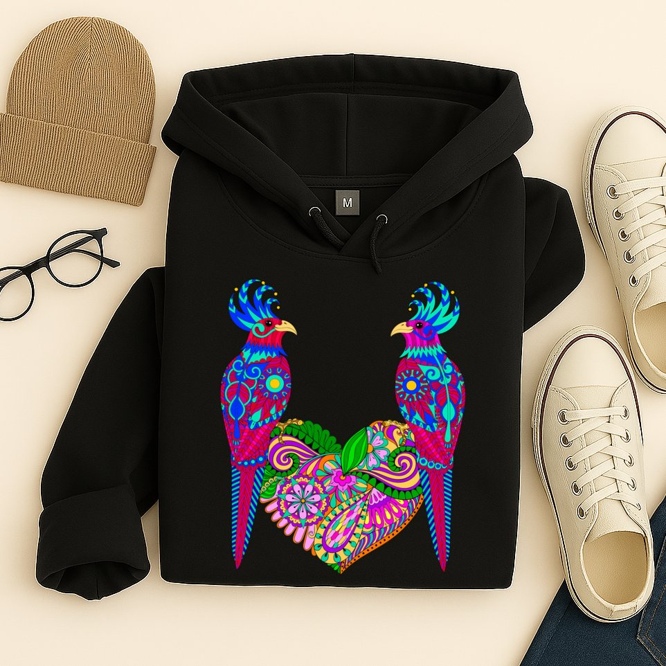 Colorful Jungle Birds Abstract Heart Hoodie