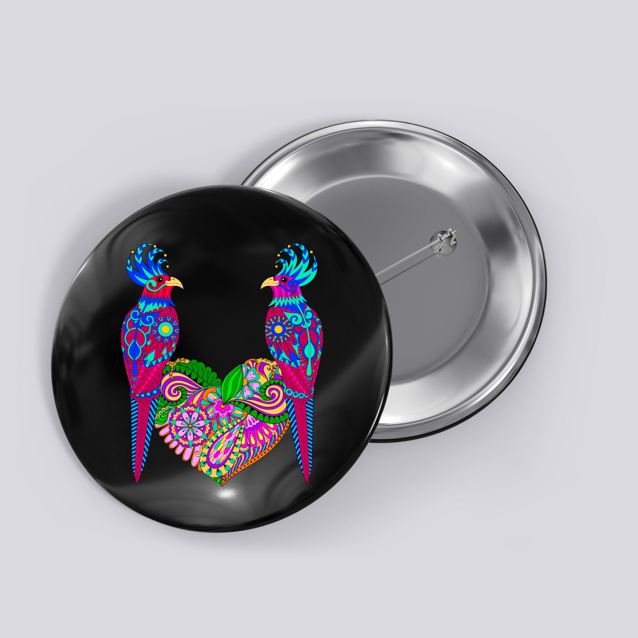 Colorful Jungle Birds Abstract Heart Button
