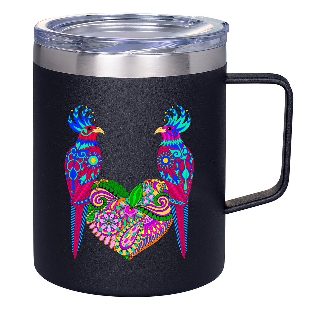 Colorful Jungle Birds Abstract Heart 12oz Stainless Steel Coffee Mug
