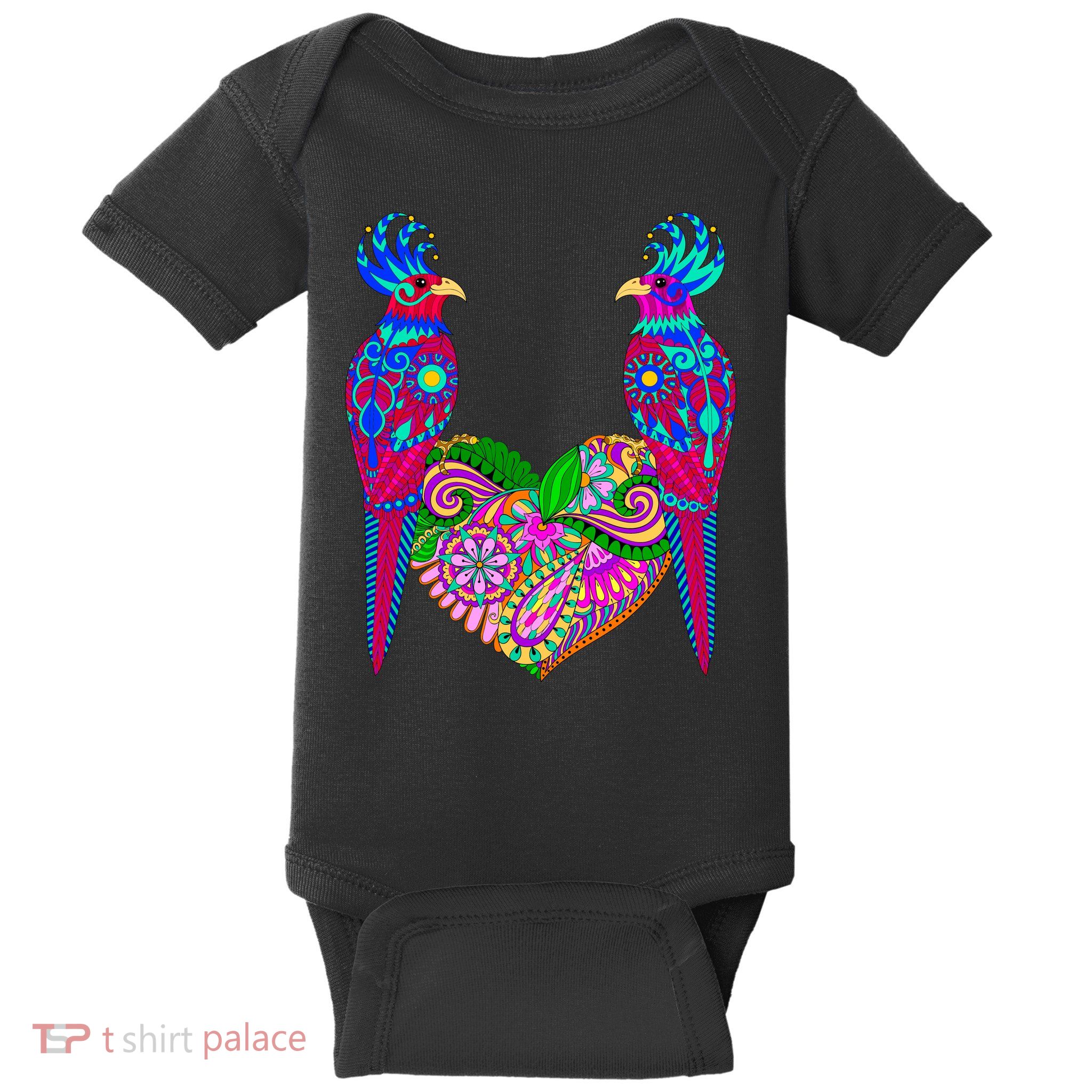 Colorful Jungle Birds Abstract Heart Baby Bodysuit