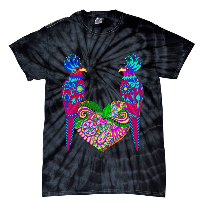 Colorful Jungle Birds Abstract Heart Tie-Dye T-Shirt