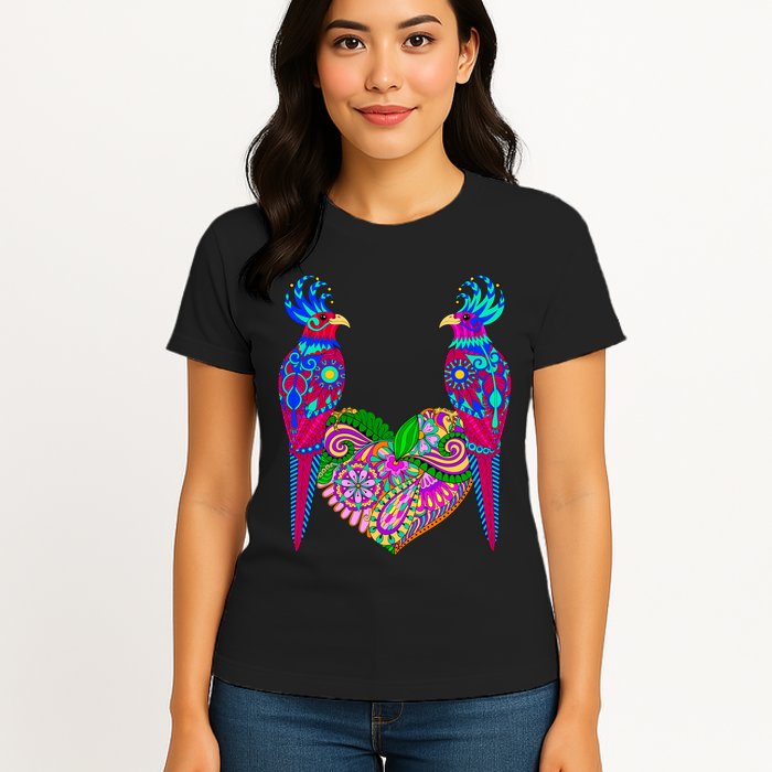 Colorful Jungle Birds Abstract Heart Womens T-Shirt